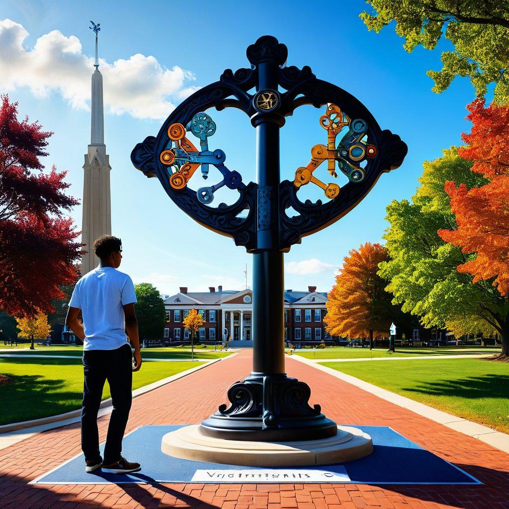 A student standing at a crossroads, holding a key that symbolizes unlocking paths to their future, with a backdrop of Virginia's iconic landmarks and universities. The paths diverge into various career options represented by colorful icons (e.g., science, arts, tech). Bright sunlight illuminates the scene, creating an optimistic atmosphere. super-realistic. vibrant colors. 3D.